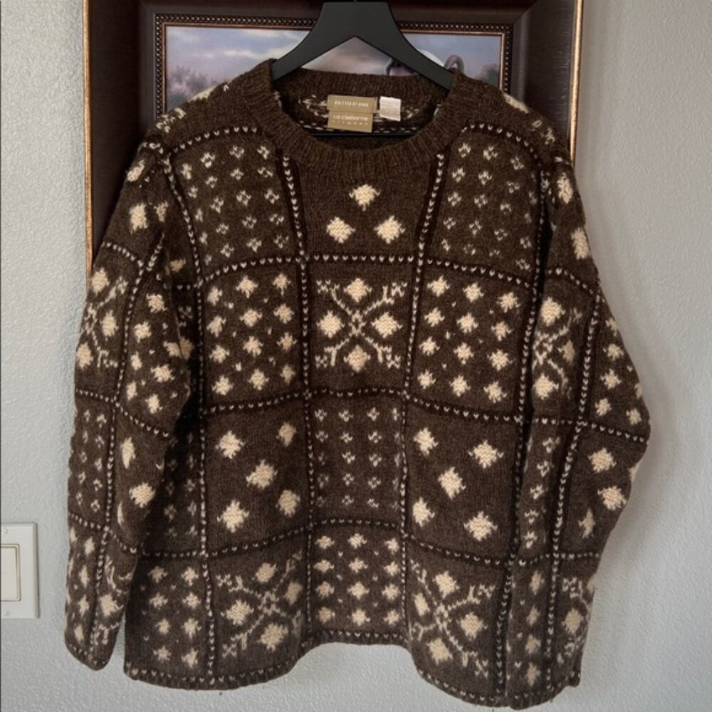LIZ CLAIBORNE 90s Hand-Knitted Shetland Wool Nordic Sweater Brown Cream L